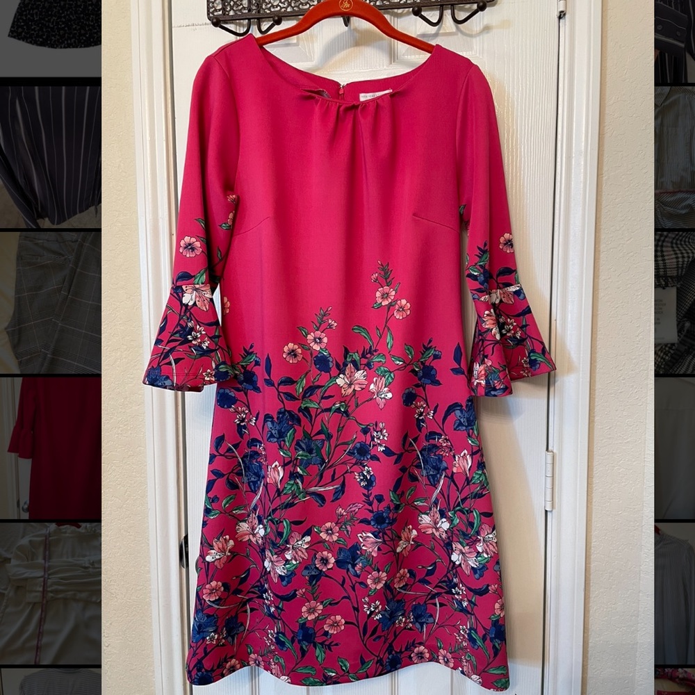 Knee length dress with bright colors and lots of details.